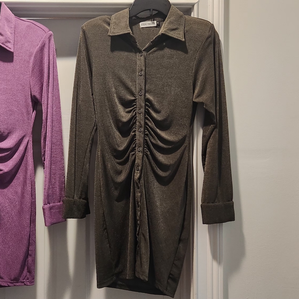 Olive Ruched Button-Up Dress. Steve MADDEN.worn 1x Other Colors Available